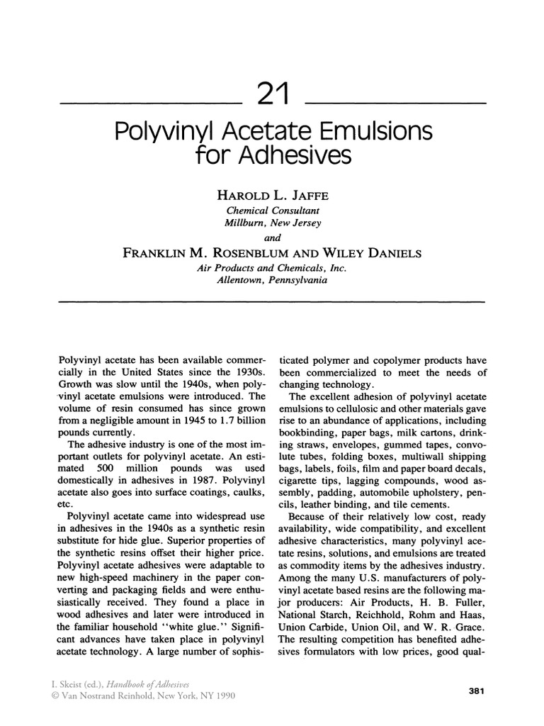 Polyvinyl Acetate Emulsions For Adhesives Handbook of Adhesives (1990