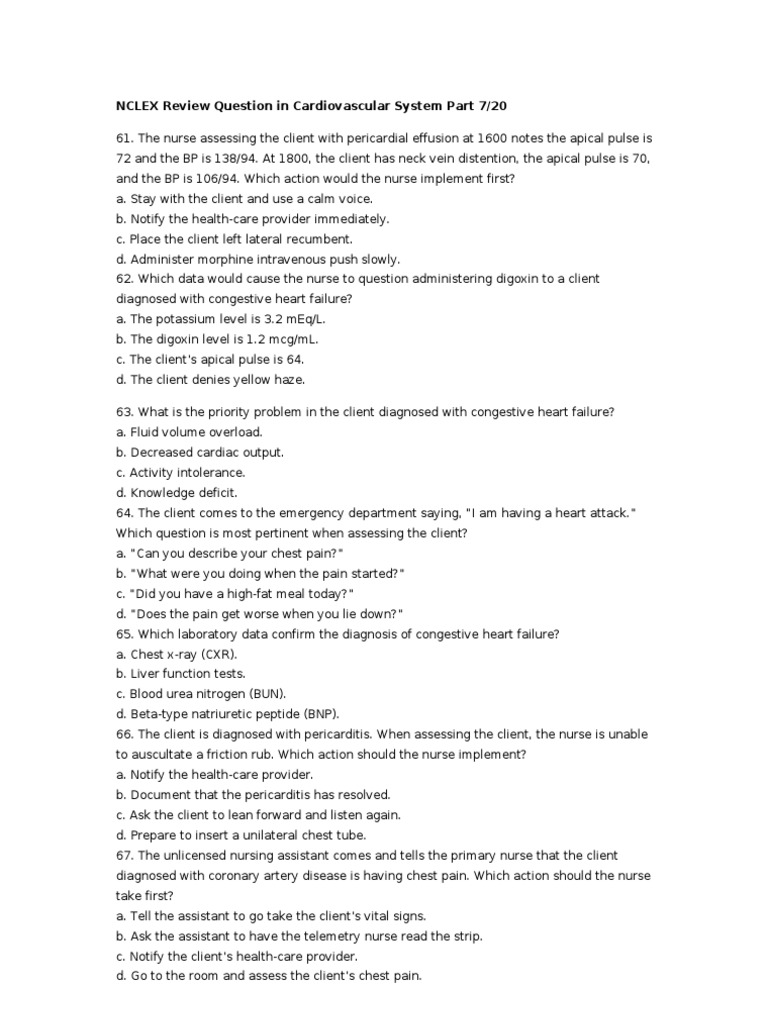 NCLEX Cardiovascular Practice Questions | PDF | Myocardial Infarction ...