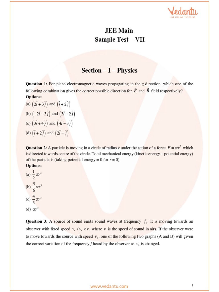 JEE Main Sample Test VII: Physics Questions | PDF | Polarization (Waves ...