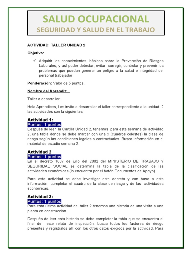 Taller de Prevención de Riesgos Laborales | PDF | Seguridad y salud ...