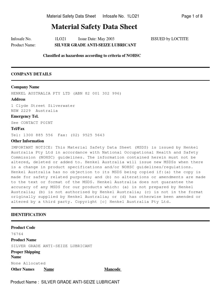 MSDS Loctite Silver Grade AntiSieze PDF Silicon Dioxide