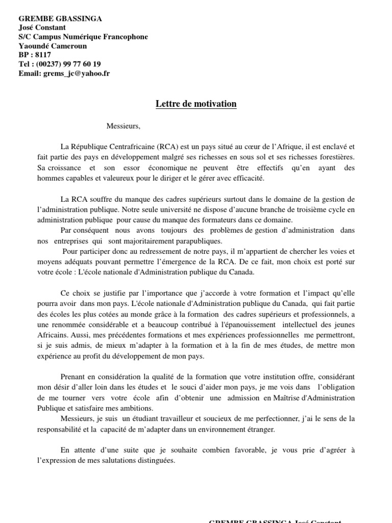lettre de motivation  République centrafricaine  Afrique