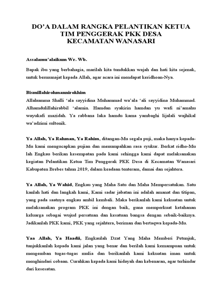 DOA Pelantikan Ketua TP PKK | PDF