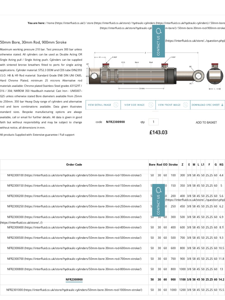 Hydraulic Cylinder With A 50mm Bore, 30mm Rod, 900mm Strok Buy