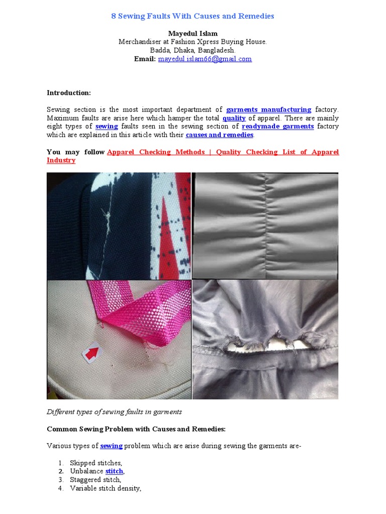 8 Sewing Faults With Causes and Remedies | PDF | Sewing | Sewing Machine