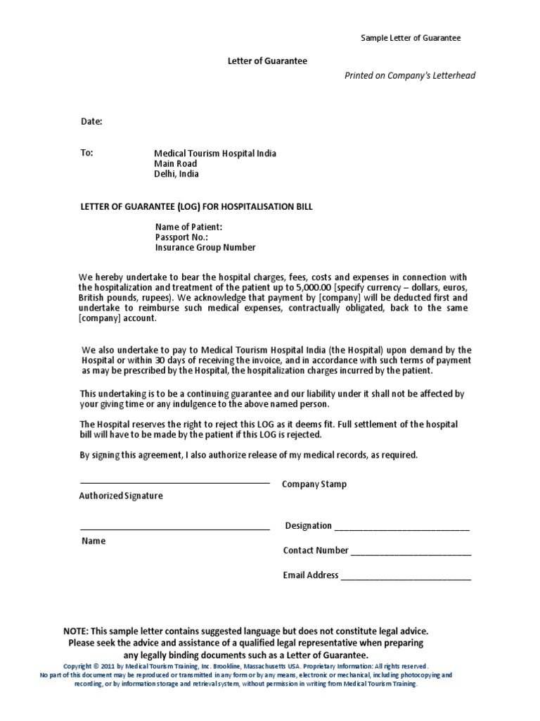 Sample Letter of Guarantee PDF Guarantee Hospital