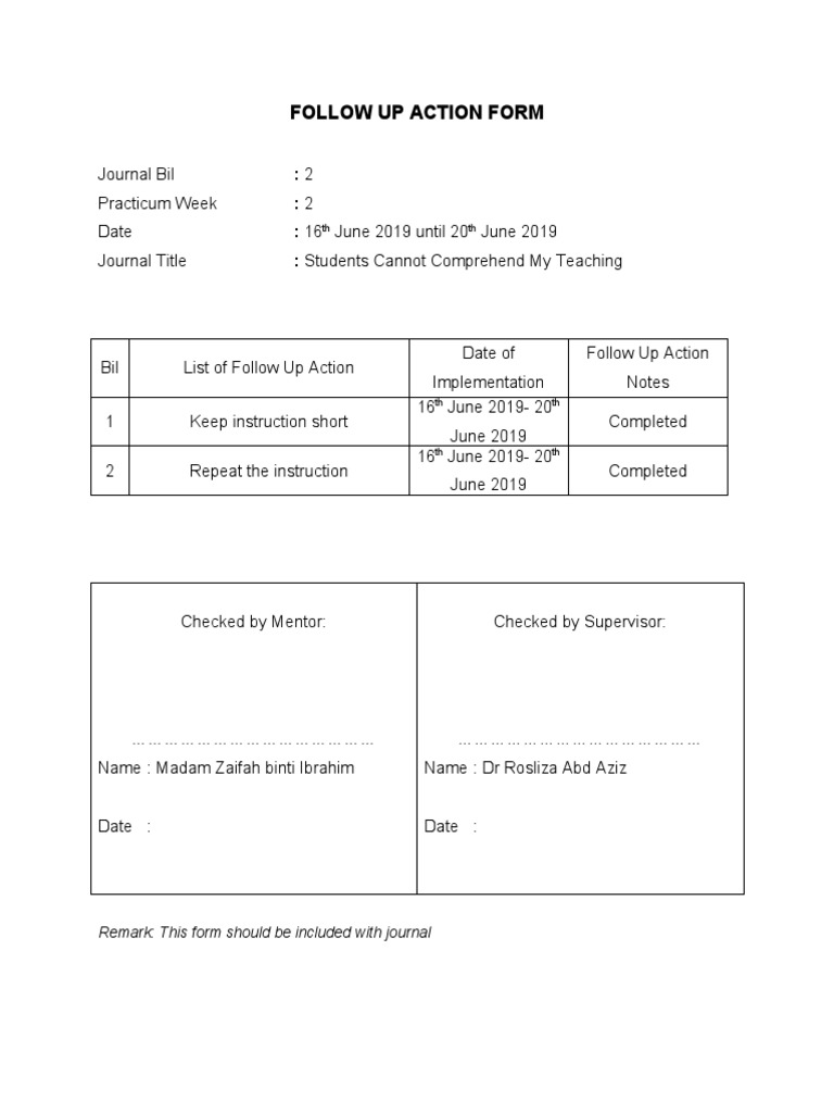Follow Up Actions for Teaching Practicum | PDF | Behavior Modification