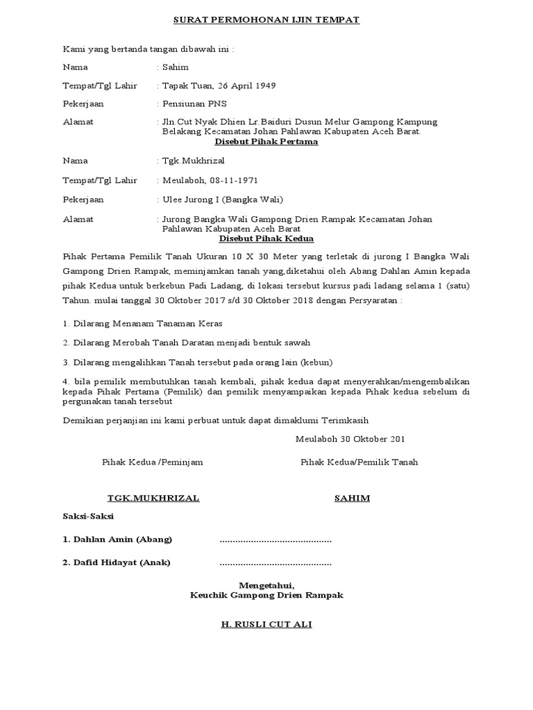 Surat Keterangan Pinjam Pakai Tanah Pdf