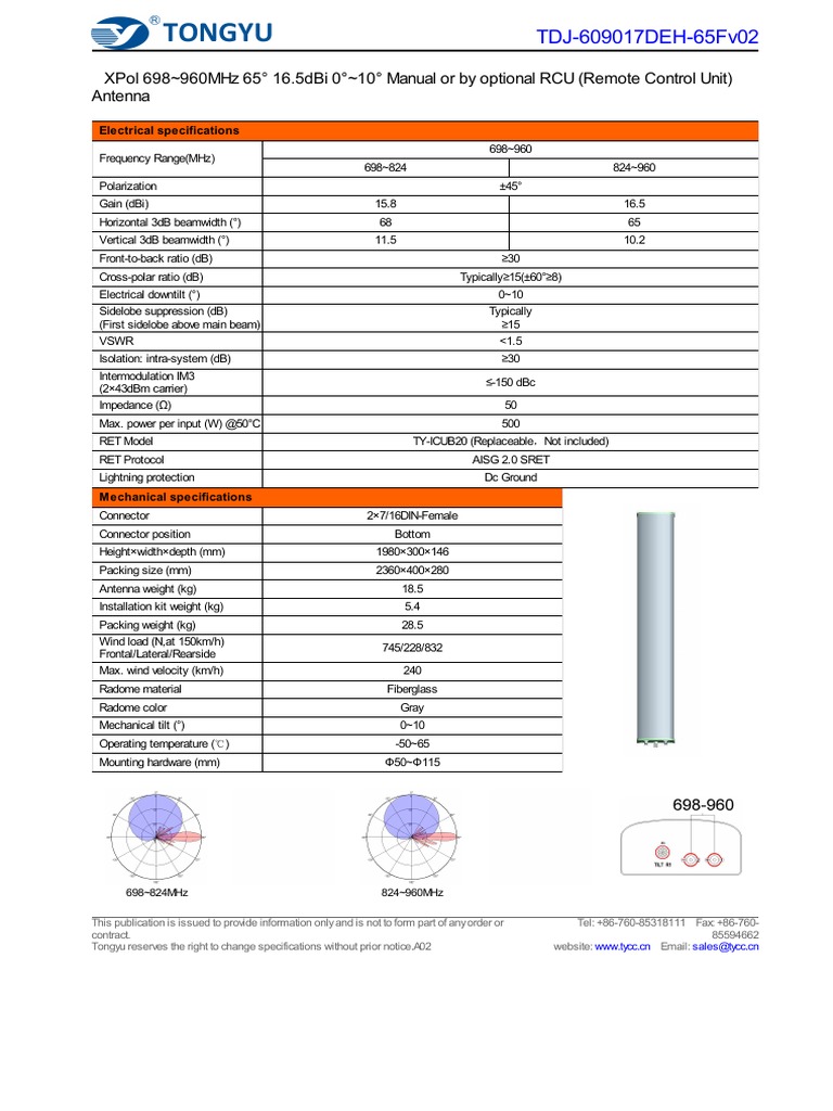 Tdj-609017Deh-65Fv02: Xpol 698 960Mhz 65° 16.5dbi 0° 10° Manual or by ...