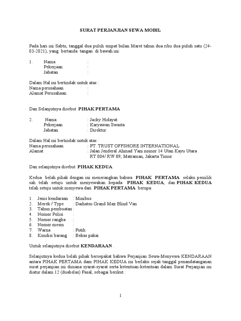 Draft Perjanjian Sewa Mobil TROI SUBocx | PDF