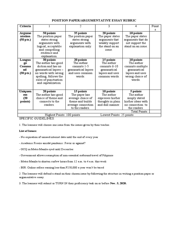 Position Paper Rubric Guidelines | PDF | Human Communication | Linguistics