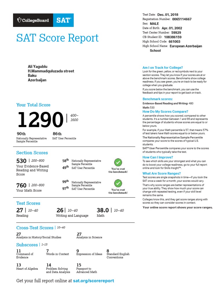 SATStudentScoreReport 1554970725044-Min Compressed | PDF | Sat | Tests
