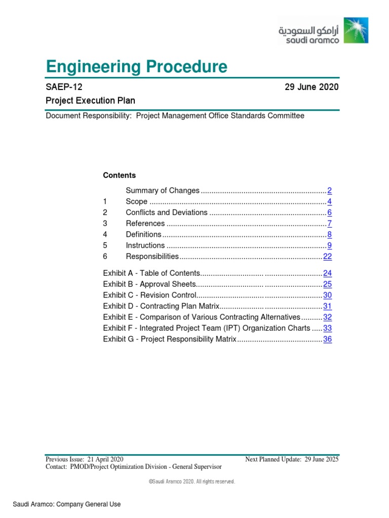 Engineering Procedure: SAEP-12 29 June 2020 Project Execution Plan ...