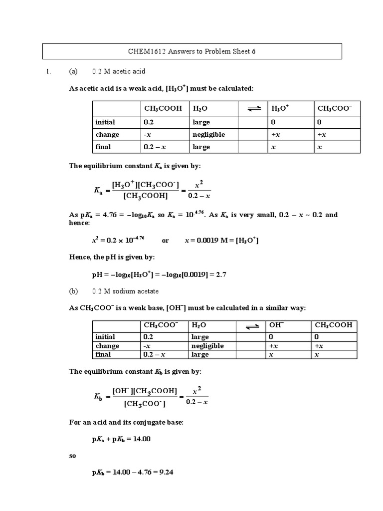 Acetic Acid and Sodium Acetate pH Calculations | PDF | Acid ...