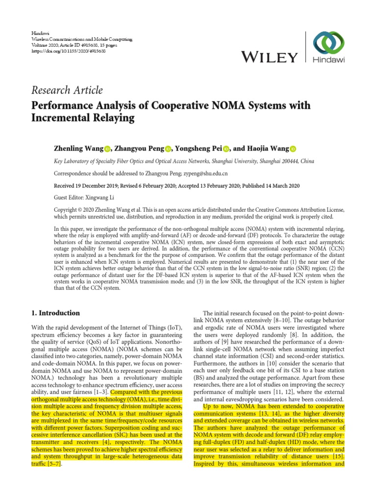 Research Article Performance Analysis of Cooperative NOMA Systems With ...