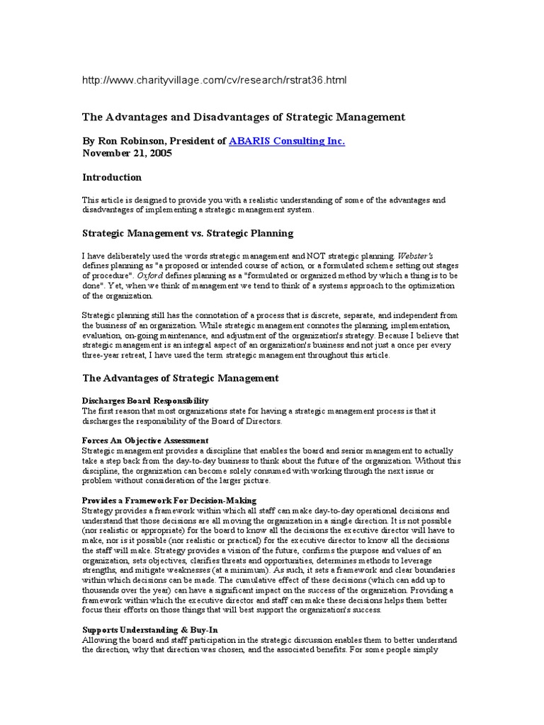 The Advantages and Disadvantages of Strategic Management PDF