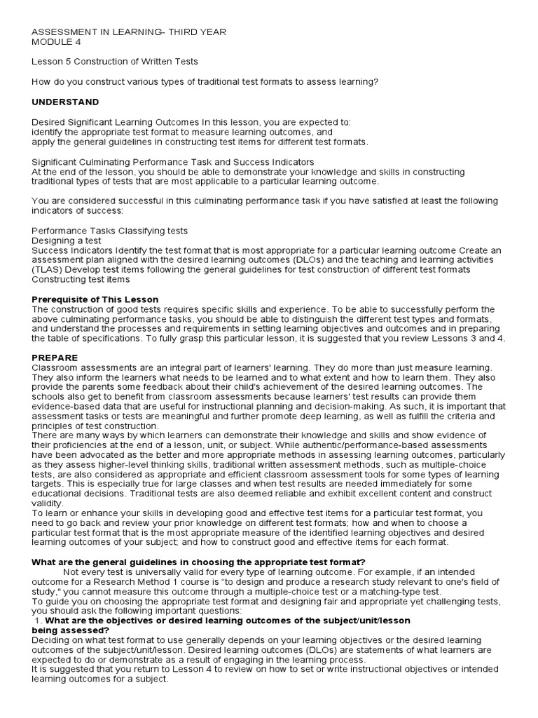 Assessment In Learning Module 4 Pdf Educational Assessment Test