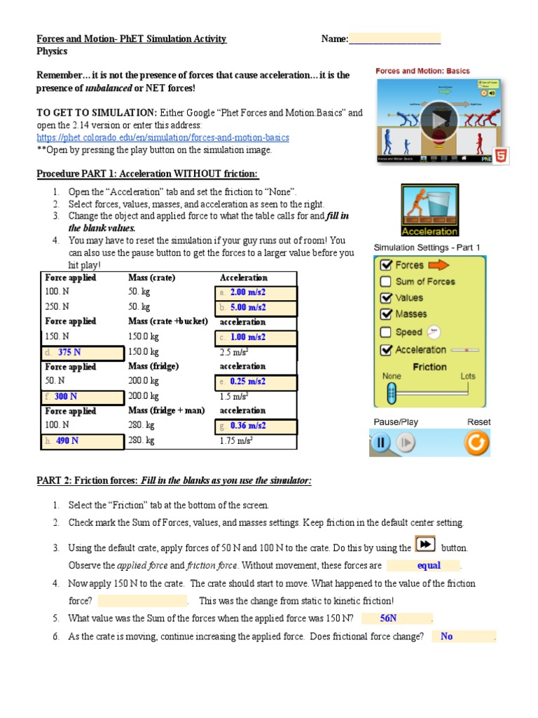 Forces and Motion Simulation Activity | PDF