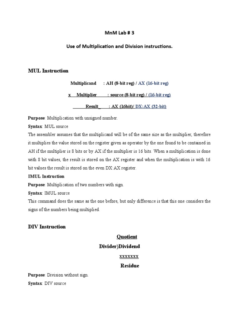 Assembly Multiplication and Division Guide | PDF | Subroutine ...