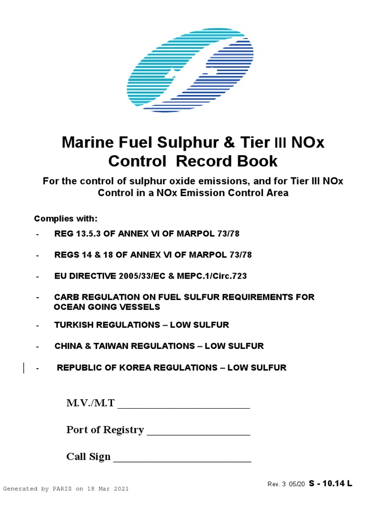 Marine Fuel Sulphur Record Book s10.14l PDF Fuel Oil Nature