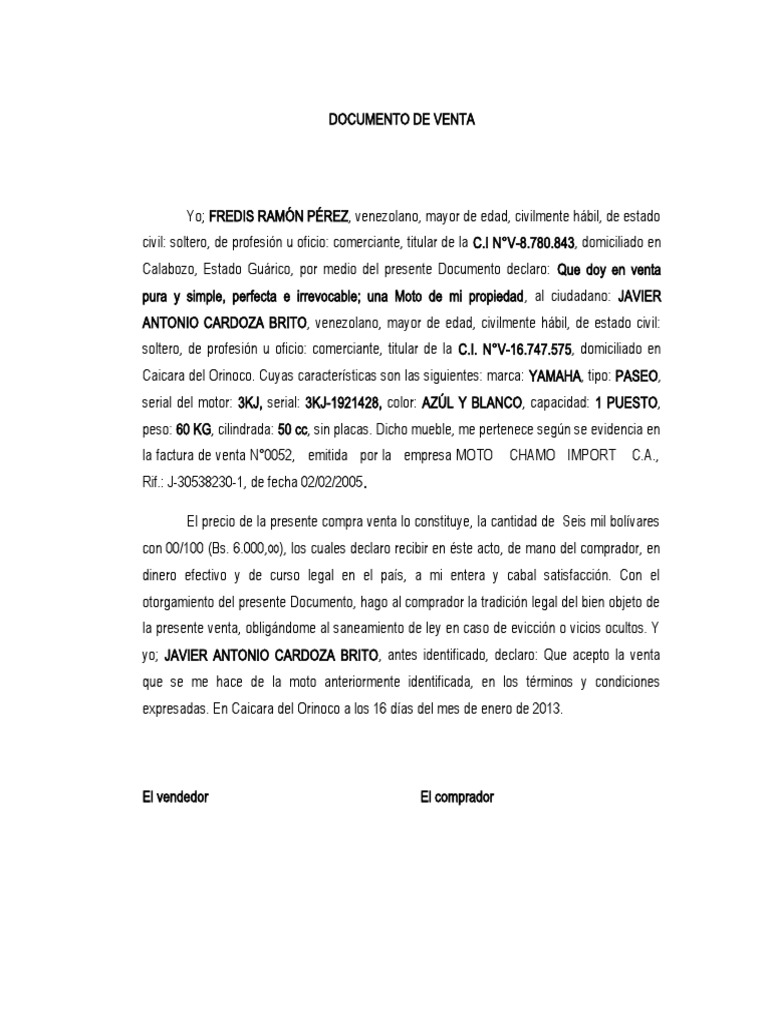 Venta de Moto: Documento Oficial | PDF | Finanzas y dinero | Ciencias ...