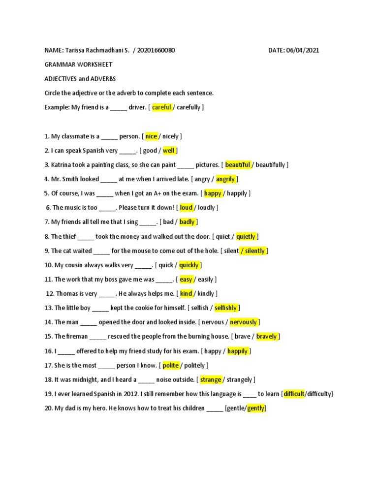 Adverb Adj Exercise | PDF | Language Arts & Discipline | Foreign ...