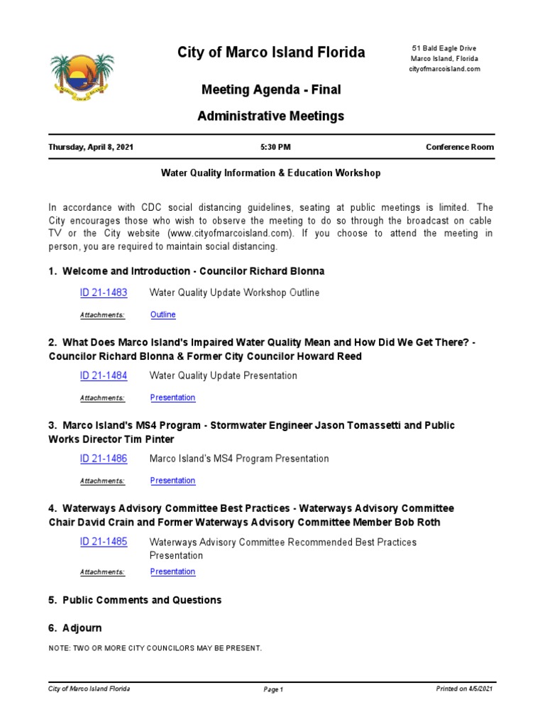 Marco Island Water Quality Agenda April 8, 2021 PDF