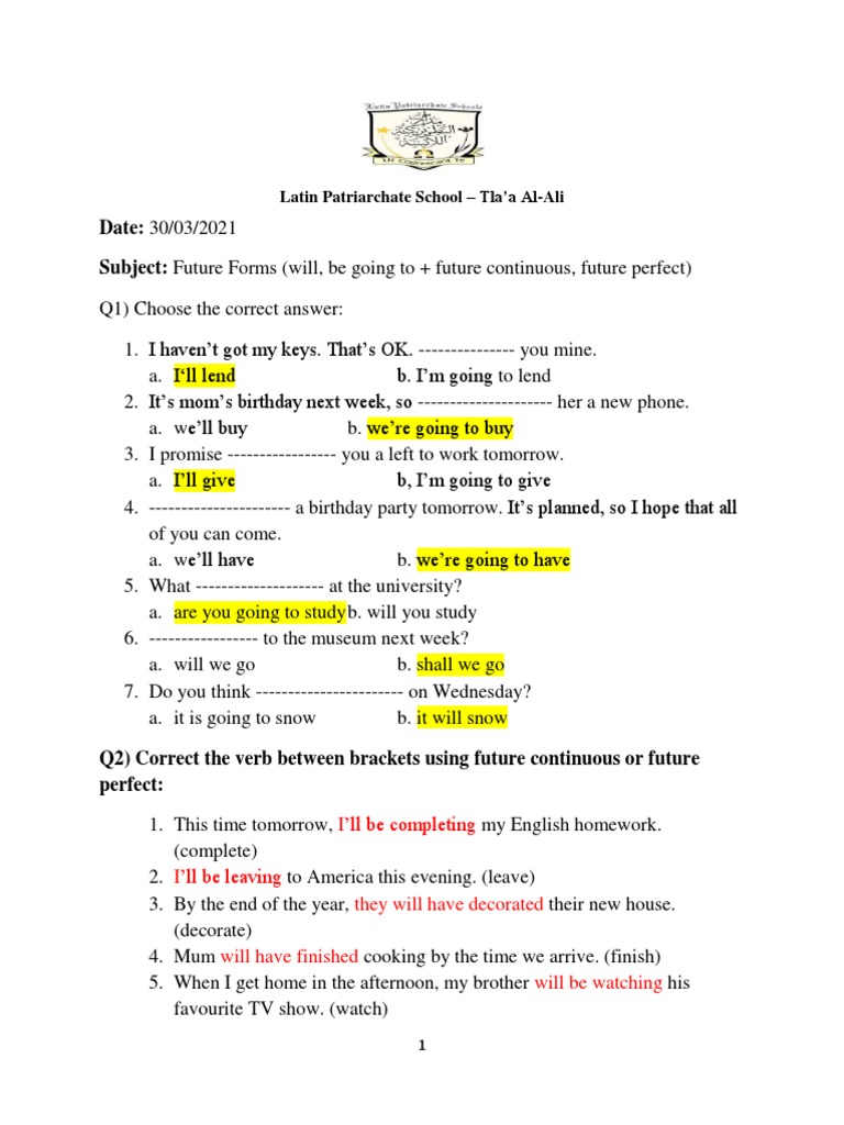 Future Tenses Exercises Worksheet | PDF