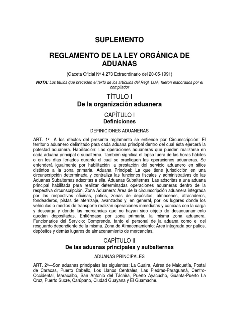 Reglamento Ley Organica de Aduanas | PDF | Guía de carga | aduana