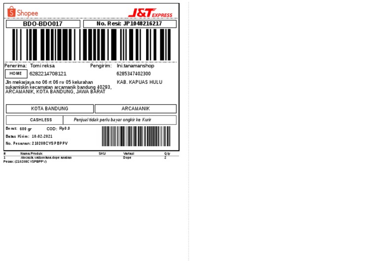 Label Pengiriman.J&T Express - 1 | PDF