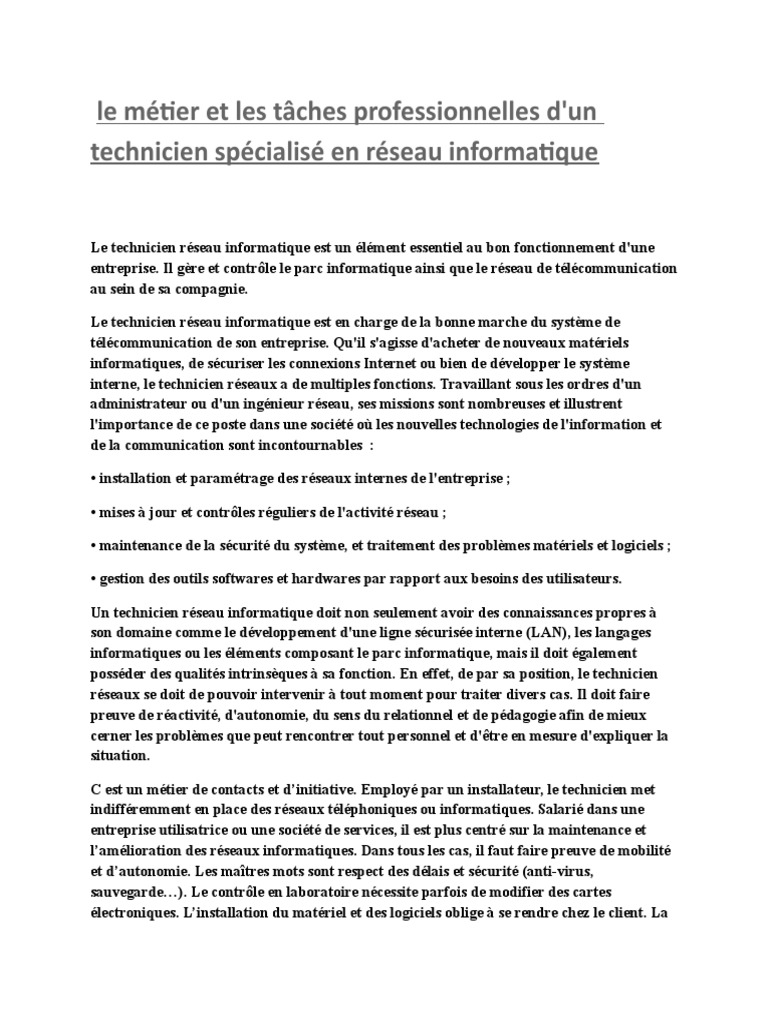 Le Métier Et Les Tâches Professionnelles D'un Technicien Spécialisé en ...