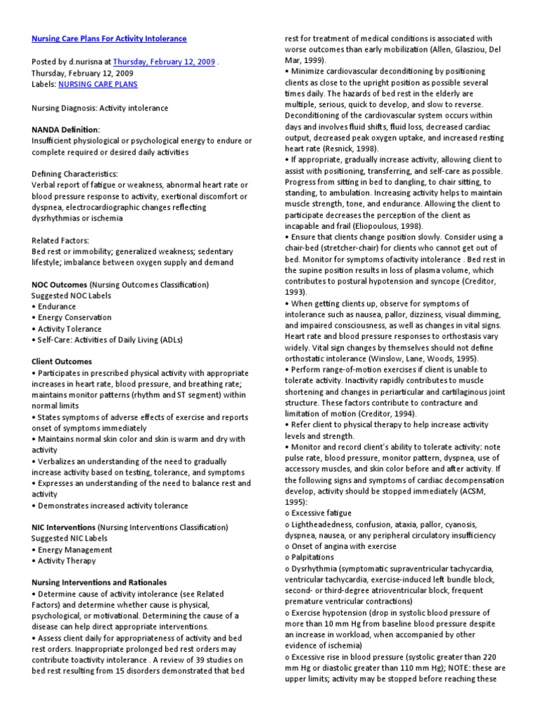Nursing Care Plans For Activity Intolerance