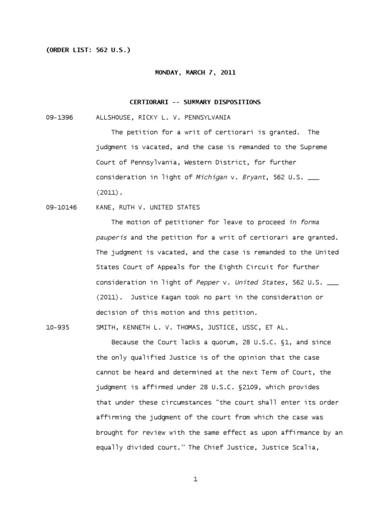 Colonel Gregory Hollister v. Barry Soetoro Supreme Court Order List