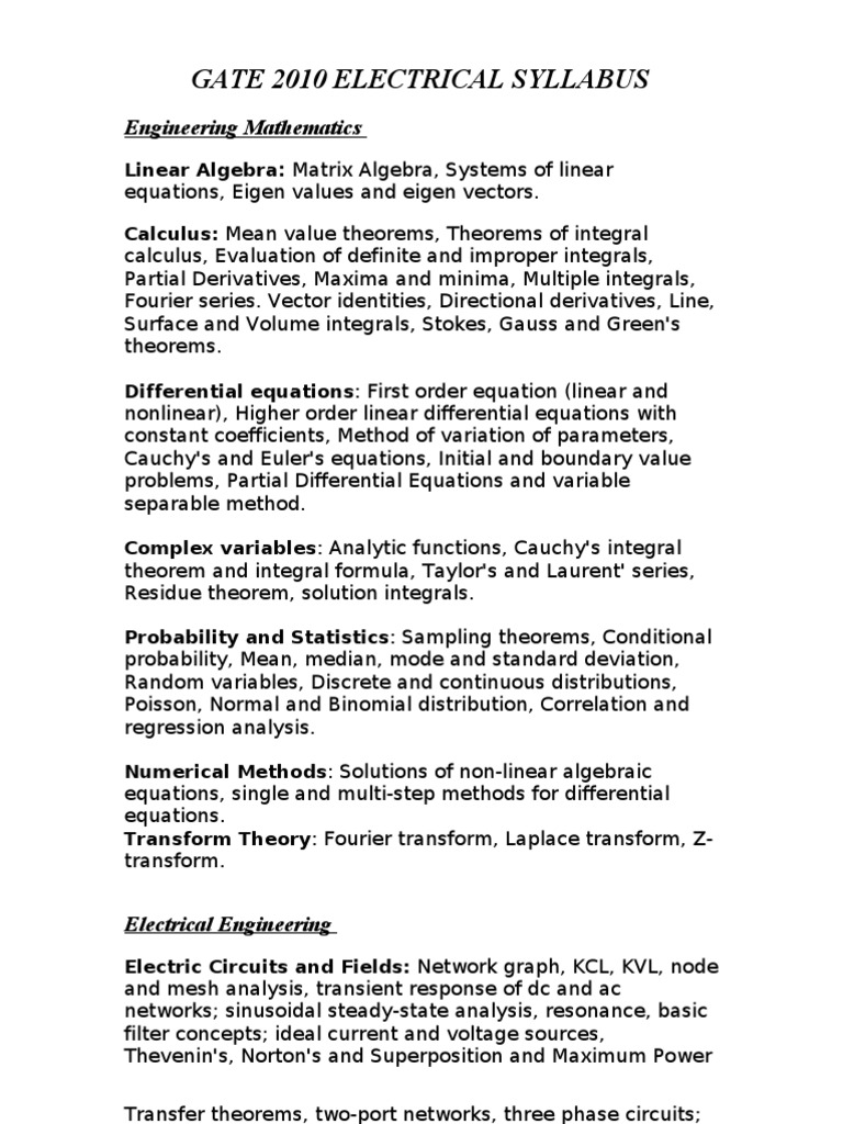 Gate 2010 Electrical Syllabus PDF Partial Differential Equation