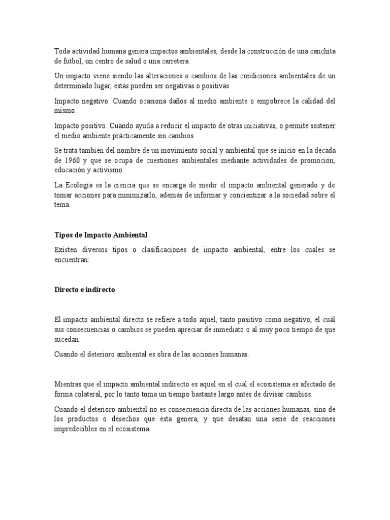 Tipos y Clasificación del Impacto Ambiental | PDF | Ecosistema ...