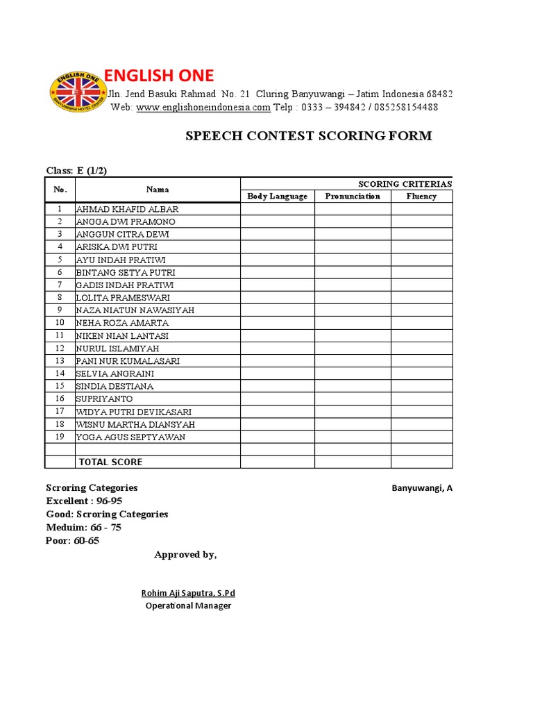 English One: Speech Contest Scoring Form | PDF