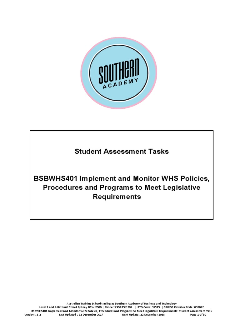 WHS Policies Assessment Tasks Guide | PDF | Occupational Safety And ...