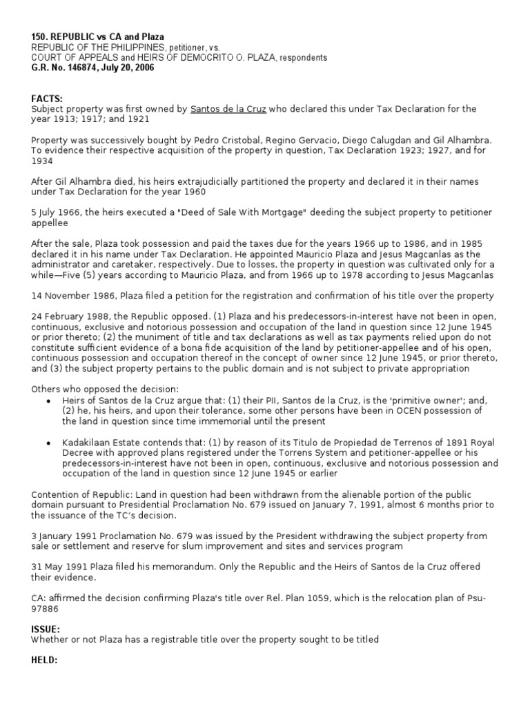 REPUBLIC Vs CA and Plaza Download Free PDF Property Possession (Law)