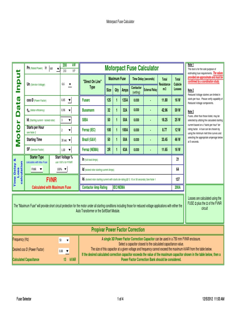 Motorpact Fuse Sizing Calculator | PDF | Capacitor | Fuse (Electrical)