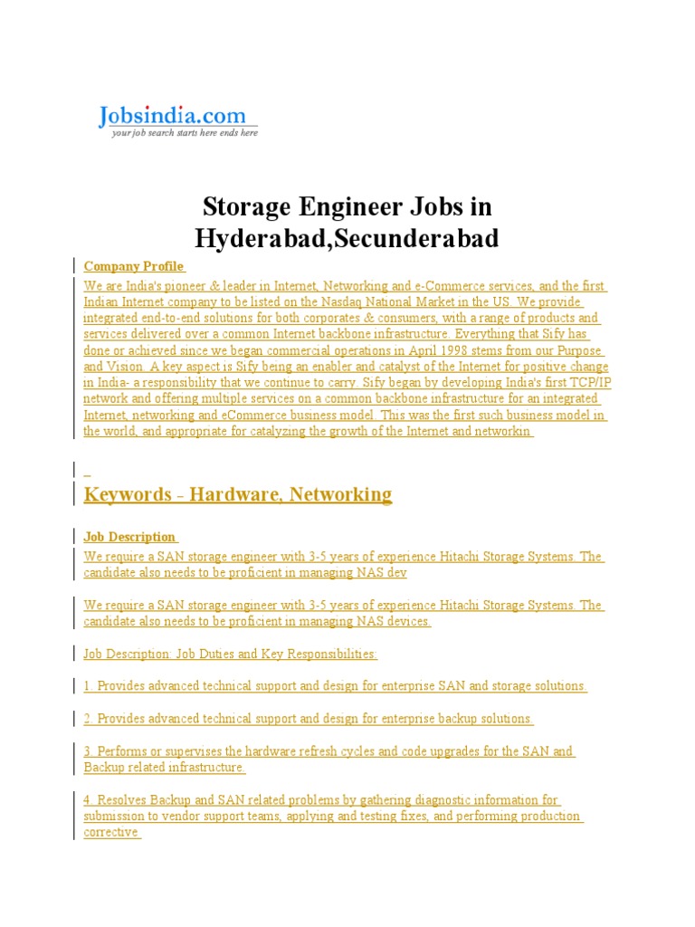 Storage Engineer Jobs in Hyderabad, Secunderabad Keywords Hardware