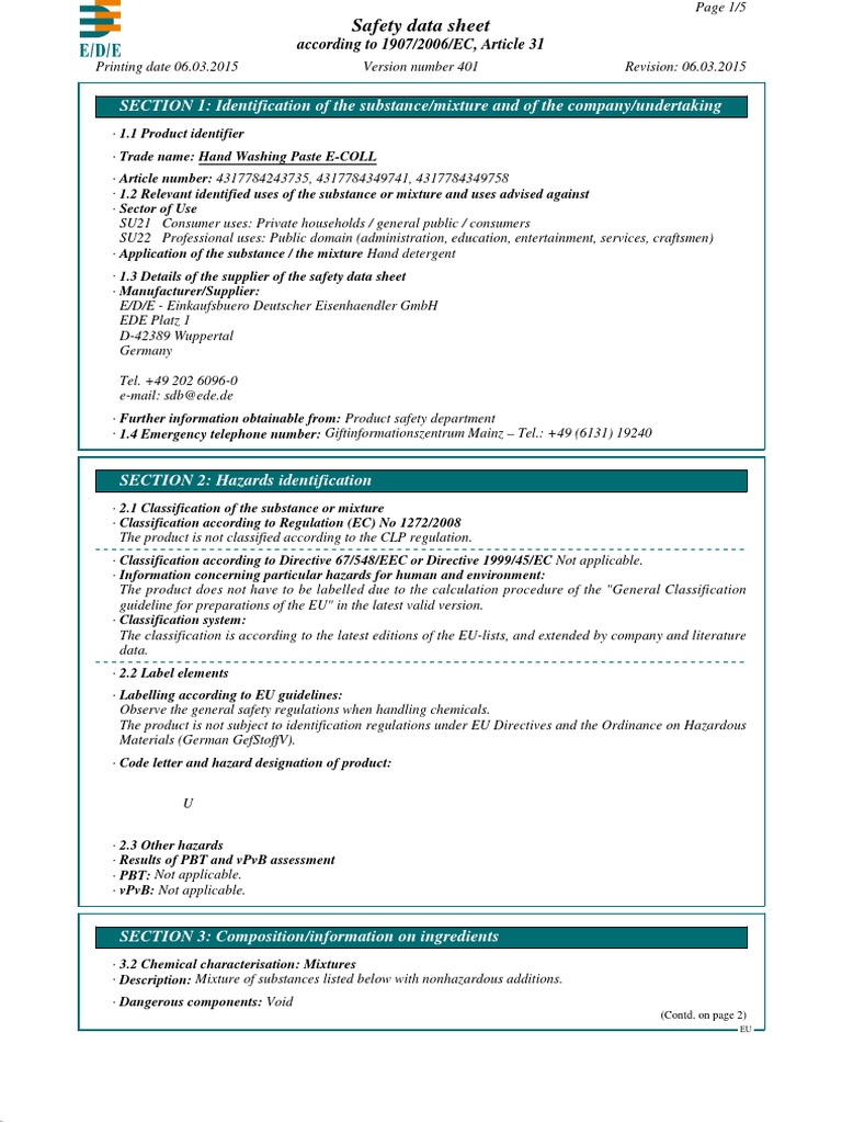 E-COLL Hand Washing Paste MSDS | PDF | Dangerous Goods | Toxicity