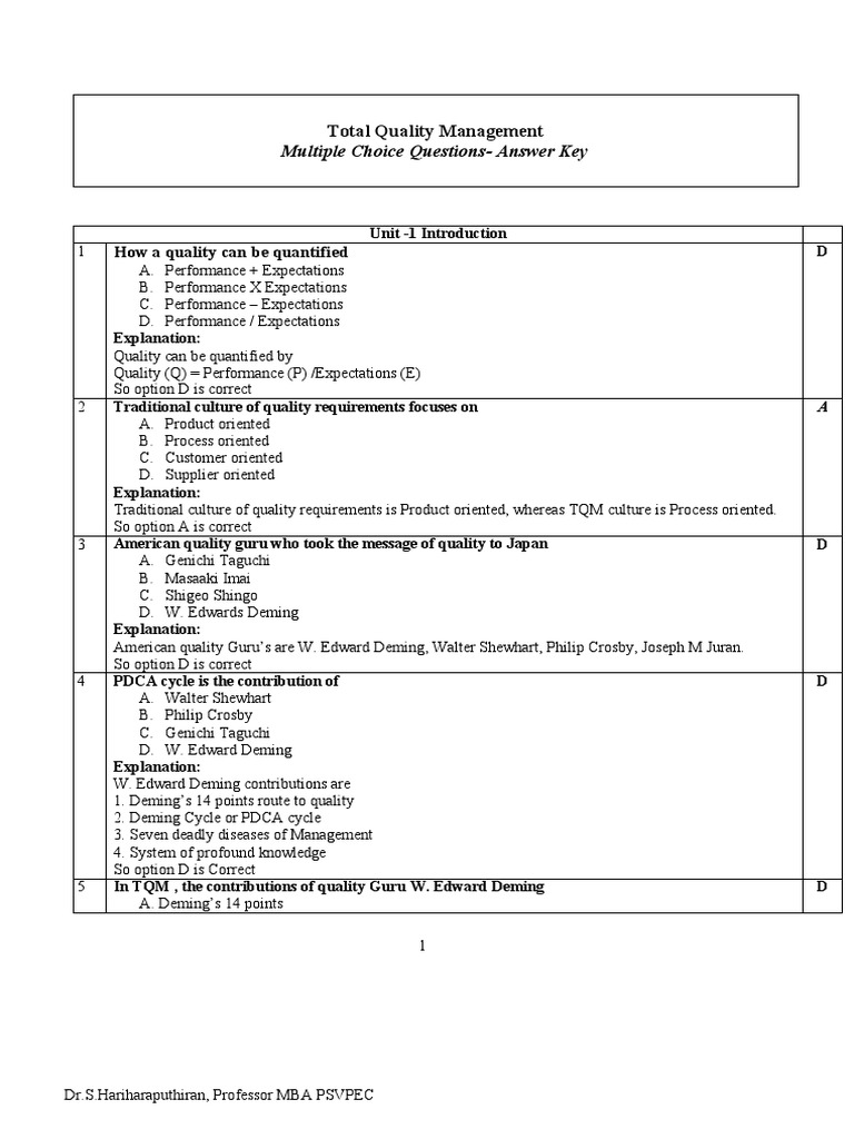 TQM MCQ PDF Six Sigma Quality (Business)