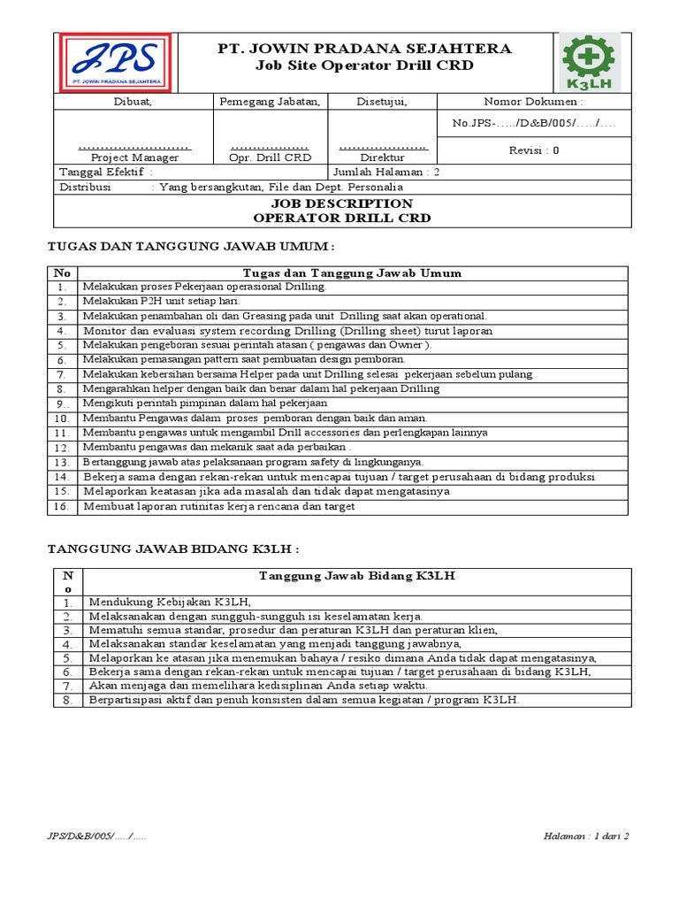 Deskripsi Pekerjaan Operator Drill CRD | PDF | Bisnis | Teknologi ...