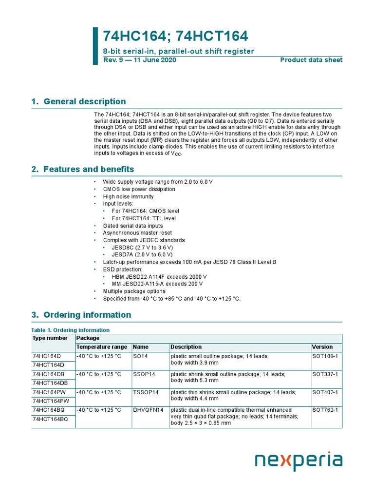 74HC164 74HCT164: 1. General Description | PDF | Cmos | Electronic Circuits