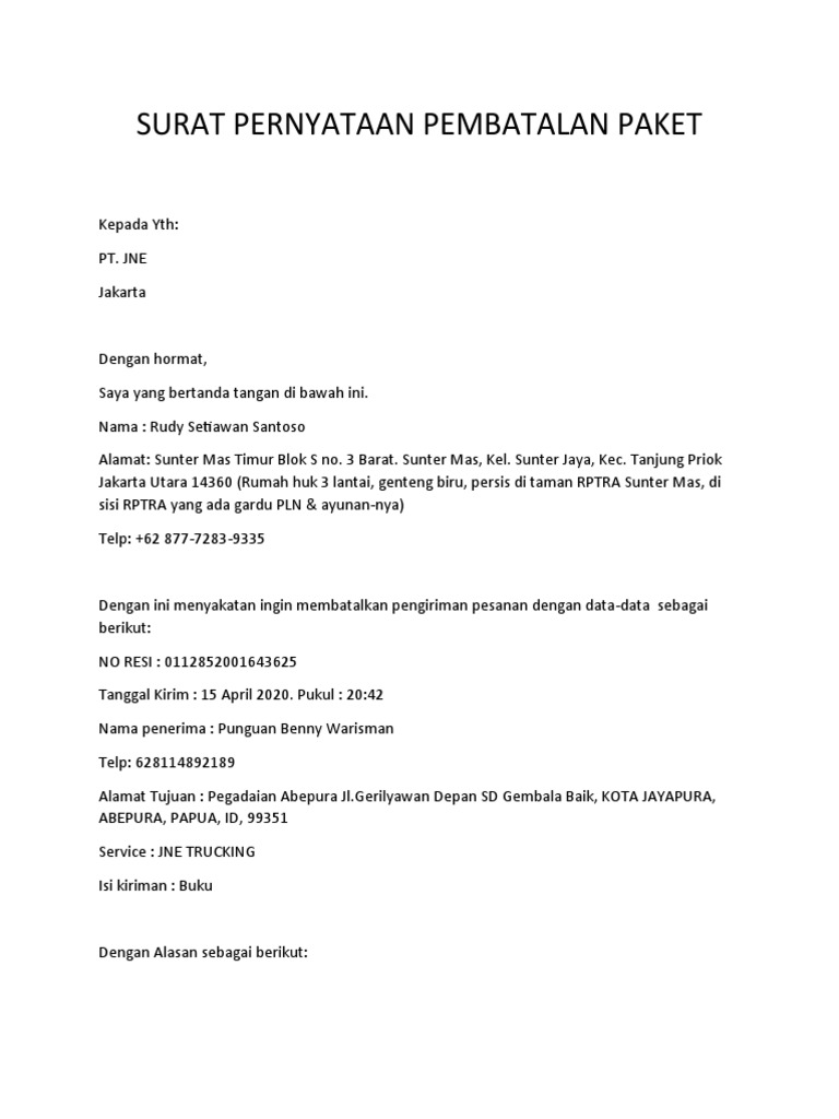 Surat Pernyataan Pembatalan Paket