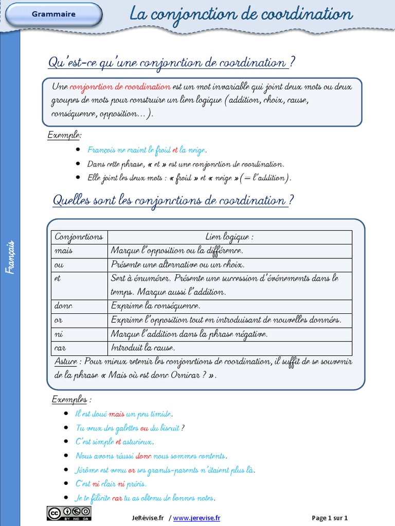 Les Conjonctions De Coordination Exercices Pdf Lecon Conjonction Coordination | PDF