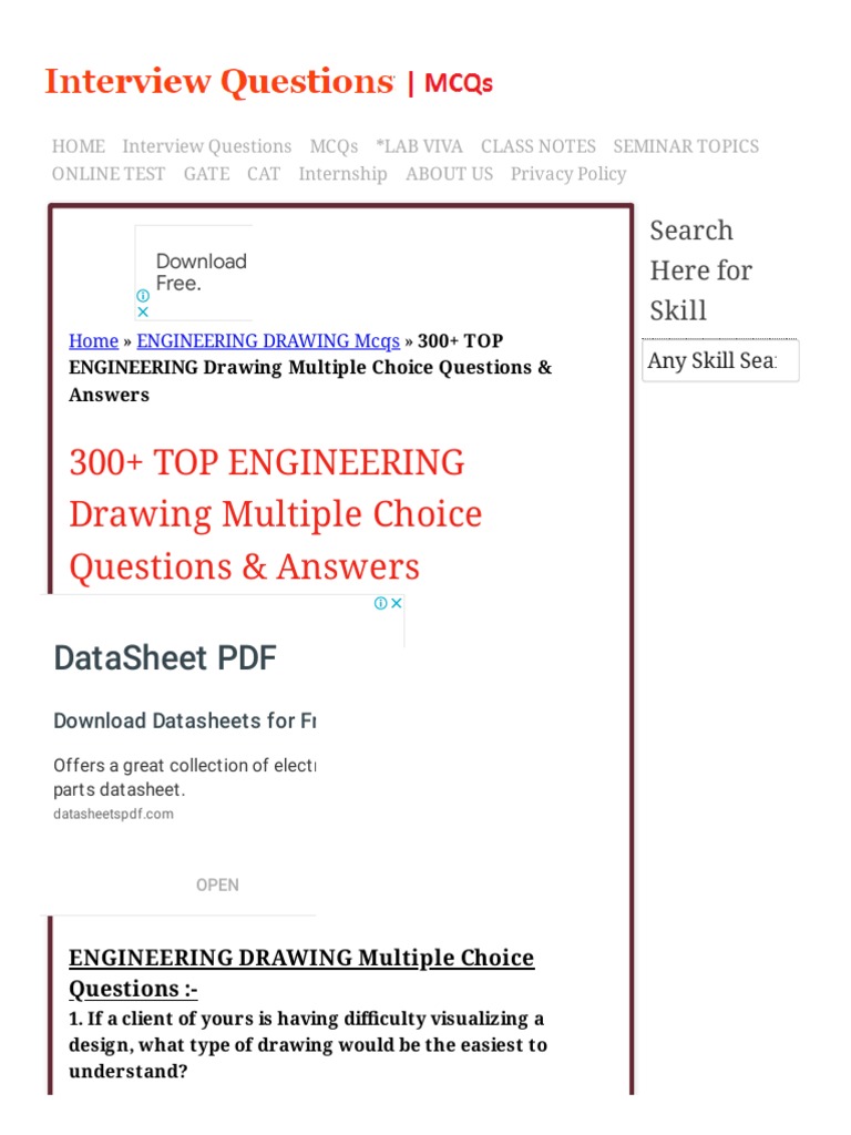 300+ TOP ENGINEERING Drawing Multiple Choice Questions & Answers Hhajsbsi PDF Perspective