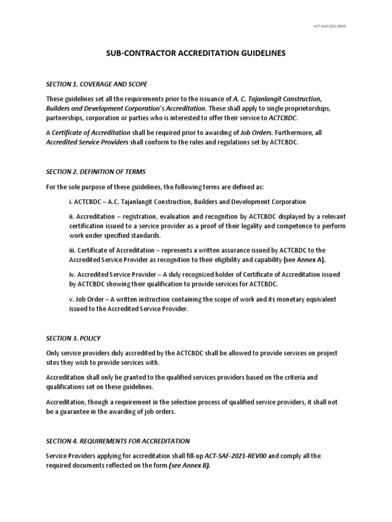 Subcontractors Accreditation Guidelines | PDF | Corporations | Business