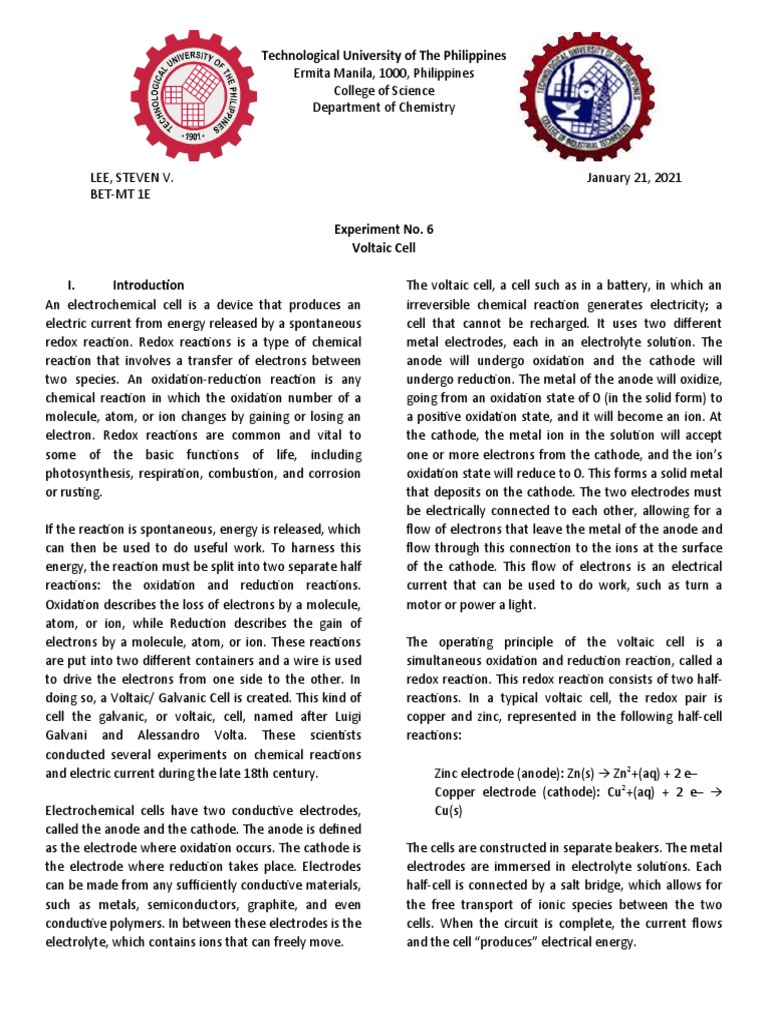Electrochemistry Laboratory Report PDF Redox Electrochemistry