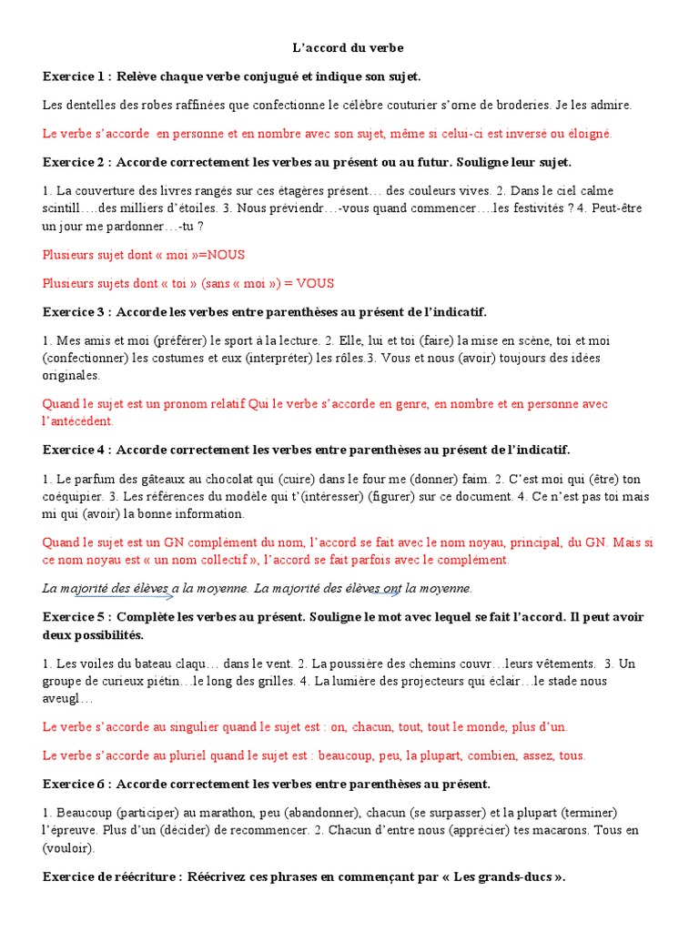 Exercices Accord Sujet Verbe 6ème Pdf Accord Verbe | PDF | Verbe | Sujet (Grammaire)